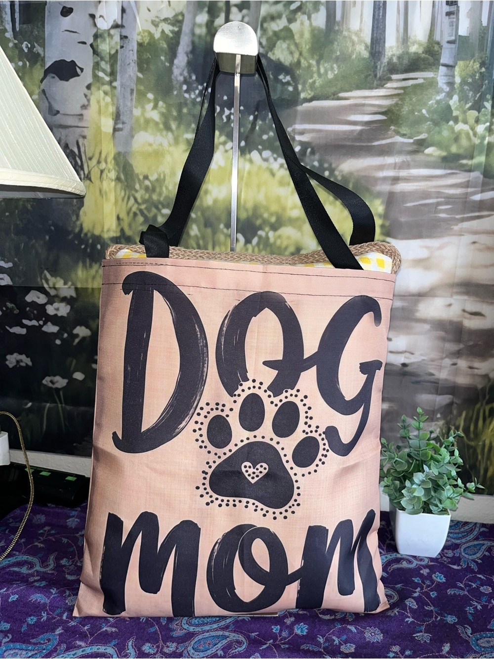 Dog Mom Tote Bag in Tan & Black Print -